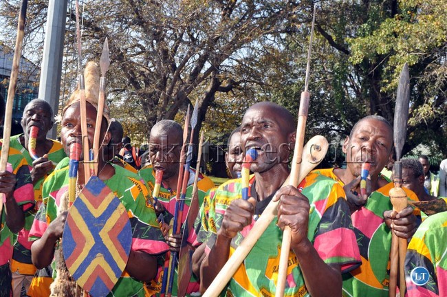Traditional Dancers entertaining delegates shortly before President Michael Sata arrived at Harry Mwaanga Nkumbula International Airport for the opening of the UNWTO 20th General Assembly -Picture and caption by THOMAS NSAMA