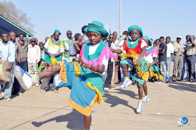 Traditional Dancers entertaining delegates shortly before President Michael Sata arrived at Harry Mwaanga Nkumbula International Airport for the opening of the UNWTO 20th General Assembly -Picture and caption by THOMAS NSAMA