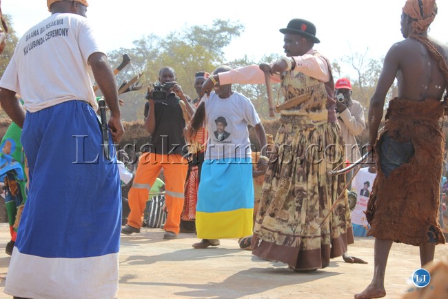 Chief Mumena of the Kaonde people in Solwezi, dances to a traditional song during the Lubinda Ntongo traditional ceremony at his chiefdom at the weekend
