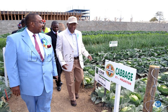 Defense Minister Geoffrey Mwamba and Agriculture and Co-operatives Minister Bob Sichinga inspect a plot of vegetables grown by the Zambia National Service at the Zambia Agriculture and Commercial Show in Lusaka
