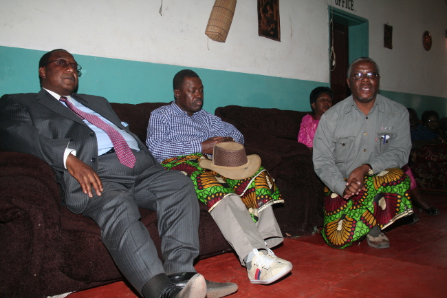 NORTH-Western province minister Nathaniel Mubukwanu (right) with PF sectary general Wynter Kabimba and Defence minister Geoffrey Mwamba during a courtesy call on senior chief Ndungu(not in picture) of the luvale people of Zambezi over the weekend