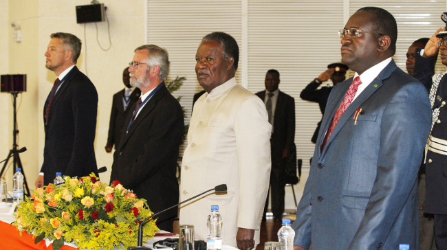 Zambian President Micheal Sata with Foregn affairs Minister Wylbur Simuusa and Ambassador Steffen Kongstad, President of the third meeting on States paries 3MSP at the Fouth meeting of States paries to the Conevntion on Cluster Munition at Govrernment Complex In Lusaka - picture By Eddie Mwanaleza.