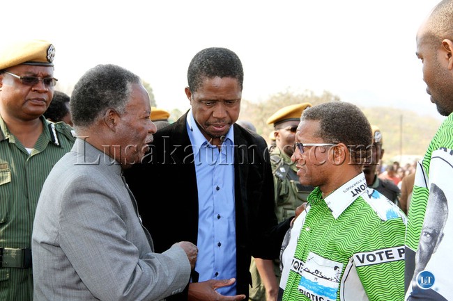 FILE: President Michael Sata with Home affairs minister Edgar Lungu (c) and PF Mkaika constituency parliamentary candidate David Phiri after a rally to drum up support for Phiri in Katete on Sept 2,2013 -Picture by THOMAS NSAMA