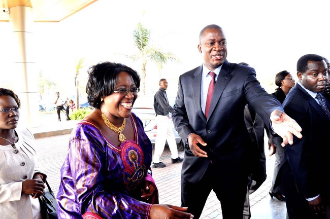 First Lady Dr Christine Kaseba being ushed by LAZ president James Banda on arrival at Radisson Blu Hotel for the LAZ programme for Anti-GBV Breakfast in Lusaka on Ocober 22,2013 -Picture by THOMAS NSAMA