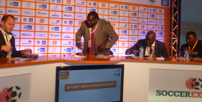 Panel discussants from L-R: Moderator, Director Magnetic Marins Roberts, Zambia's sports minister Mr Chishimba Kambwili, Nigeria's sport minister Mr Mallam Bolazi Abdullahi and Ghana's sports minister Mr Elvis Afriyie-Ankrah