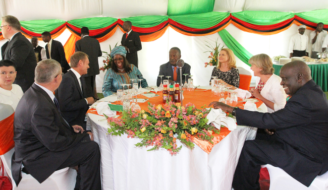 Polish Prime Minister Donald Tuskwith with President Sata at Statehouse at a luncheon. Former President Kenneth Kaunda also joined them