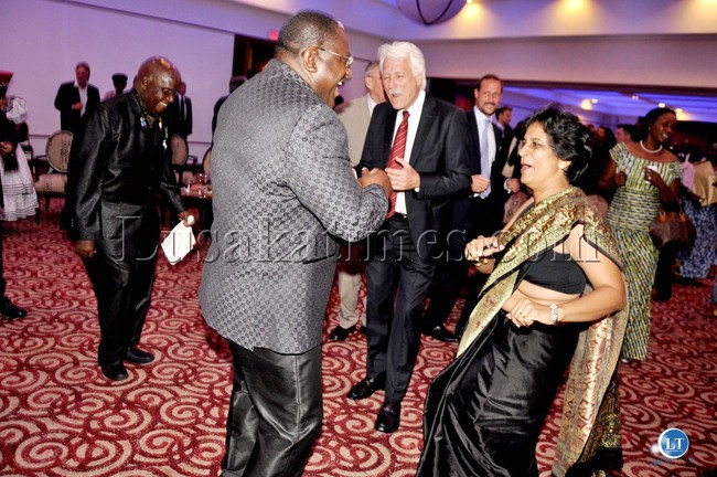 First Republican President Kenneth Kaunda (far left) Foreign affairs minister Wylbur Simuusa (back facing camera) and outgoing United Nations (UN) resident Coordinator Kanni Wignaraja take to the dance floor during the 68th UN Day reception and farewell party for Ms Wignaraja at Pamodzi Hotel in Lusaka