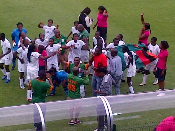 the Zambia women under-17 team celebrating after beating South Africa 3-1 in South Africa