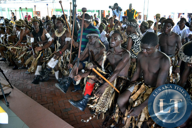 Ngoni warriors perform the traditional Ngoma dance during the launch of the N'cwala traditional ceremony festivities at Arcades shopping center in Lusaka on Saturday