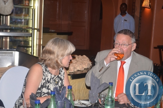 Vice President Guy Scott (right) and his wife Charlotte (left) during a dinner hosted for delegates attending the ongoing 3rd International Association of Prosecutors (IAP) Conference for the Africa-India Ocean Region at Zambezi Sun Hotel in Livingstone