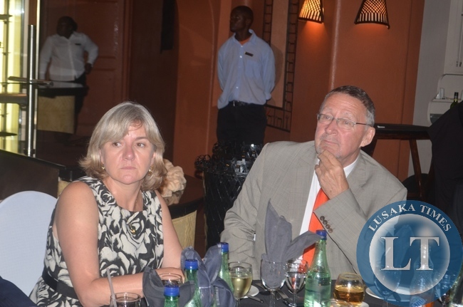 Vice President Guy Scott (right) and his wife Charlotte (left) during a dinner hosted for delegates attending the ongoing 3rd International Association of Prosecutors (IAP) Conference for the Africa-India Ocean Region at Zambezi Sun Hotel in Livingstone