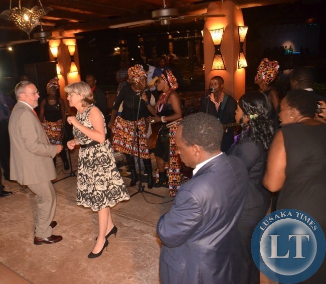 Vice President Guy Scott (left) and his wife Charlotte (right) dances during a dinner hosted for delegates attending the ongoing 3rd International Association of Prosecutors (IAP) Conference for the Africa-India Ocean Region at Zambezi Sun Hotel in Livingstone