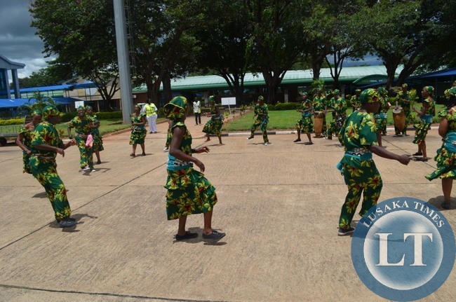 Livingstone based Zambian National Dance Troupe entertaining guests at Harry Mwaanga Nkumbula International Airport in Livingstone last week during the inaugural launch of Mahogany Airline flights into the tourist capital.