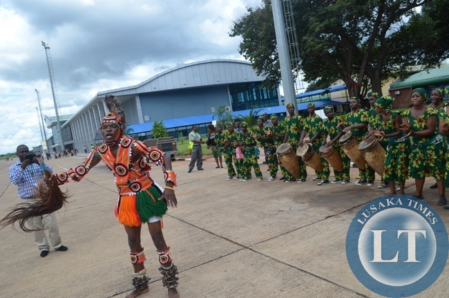 Livingstone based Zambian National Dance Troupe entertaining guests at Harry Mwaanga Nkumbula International Airport in Livingstone during the inaugural launch of Mahogany Airline flights into the tourist capital.