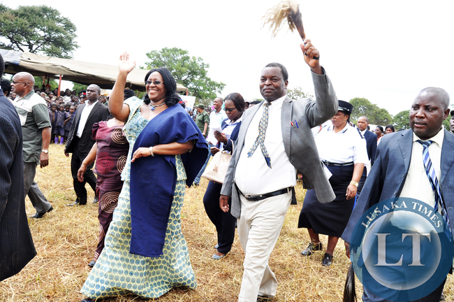 First Lady Dr Christine Kaseba and Chief Chikanta on arrival in Chief Chikanta's Kingdom where she addressed Headmen and Community Leaders in curbing gender based violence in Kalomo District