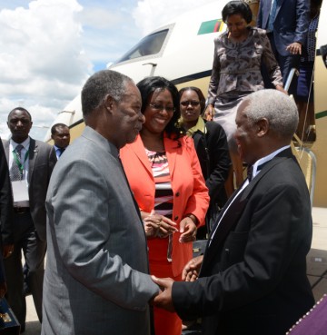 President Michael Chilufya Sata and First Lady Dr Christine Kaseba being welcomed by Zimbabwean Defence Minister Dr Sydney Sekeramayi on arrival at Harare International Airport. President Sata is in Zimbabwe to attend a wedding for President Robert Mugabe's daughter, Bona Mugabe