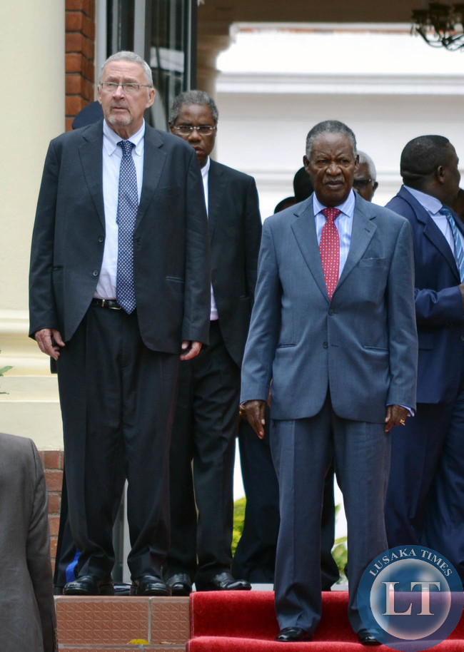 President Michael Sata with Vice President Guy Scott after a closed door meeting with heads of diplomatic missions accredited to Zambia at State House in Lusaka