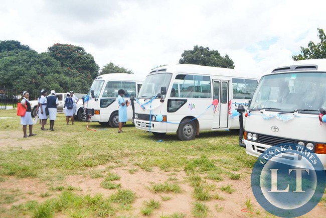 SOME nurses admire the K1.8 million worth buses and utility vehicle which Health Deputy Minister Chitalu Chilufya handed over in Lusaka The three buses and one utility vehicle bought by the Nursing Education Partnership Initiative project will benefit three nursing and midwifery institutions in Zambia