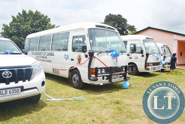 THE K1.8 million worth buses and utility vehicle which Health Deputy Minister Chitalu Chilufya handed over in Lusaka yesterday. The three buses and one utility vehicle bought by the Nursing Education Partnership Initiative project will benefit three nursing and midwifery institutions in Zambia