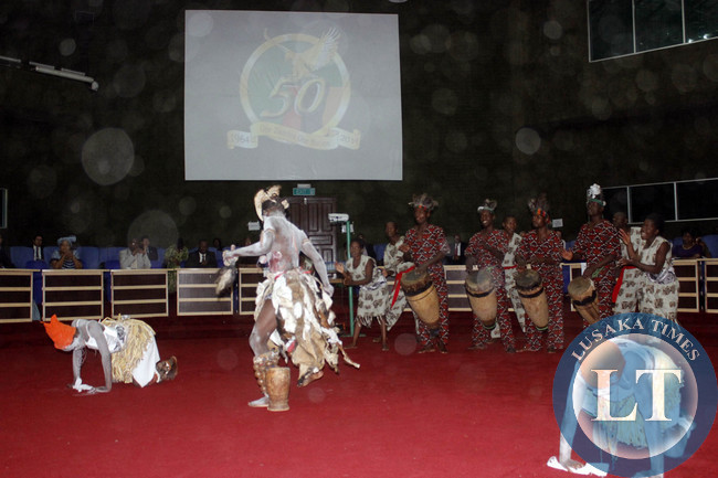 Ng'ombe PTA troupe dancers perform at Mulungushi International Conference Centre during the launch of Zambia's Golden Jubilee celebrations.