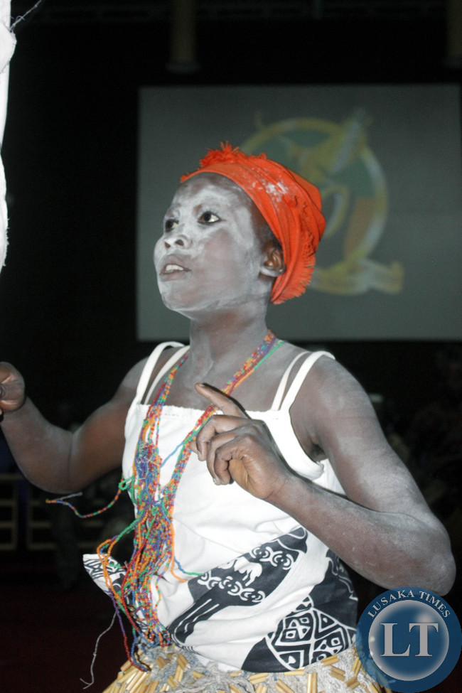 Ng'ombe PTA troupe dancers perform at Mulungushi International Conference Centre during the launch of Zambia's Golden Jubilee celebrations.
