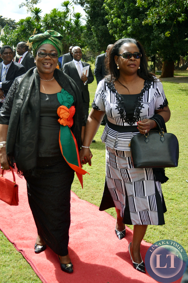 Former first ladies Vera Tembo (left) and Dr Maureen Mwanawasa leave State House grounds after the investiture ceremony in Lusaka
