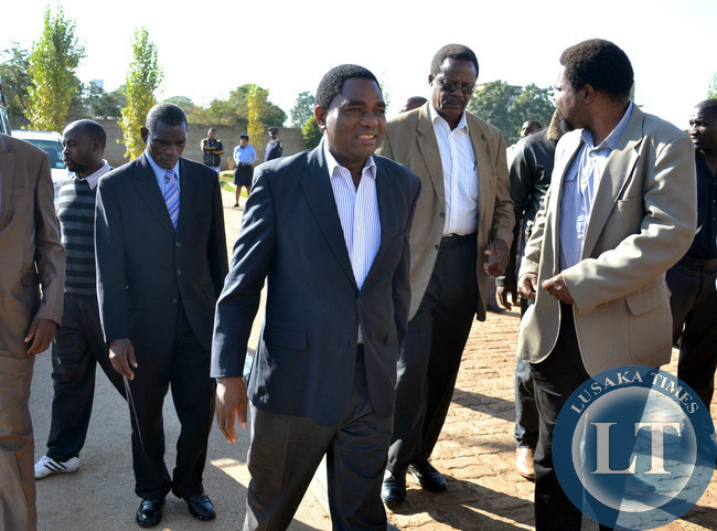 Opposition UPND leader Hakainde Hichilema arrives to attend a court case at the magistrate's court complex in Lusaka