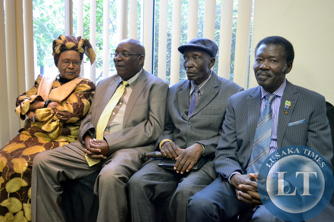 Freedom fighters (from left) Mama Chibesa Kankasa, Ranken Sikasula, William Chipango and Cuthbert Kolala listen to a press briefing addresses by Mr Sikota Wina at Inter-Continental Hotel in Lusaka