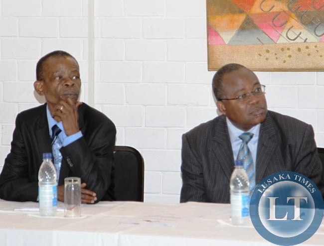 Information Minister Dr Joseph Katema with Dr Cristopher Kalila during a WHO workshop at Chaminuka Lodge.