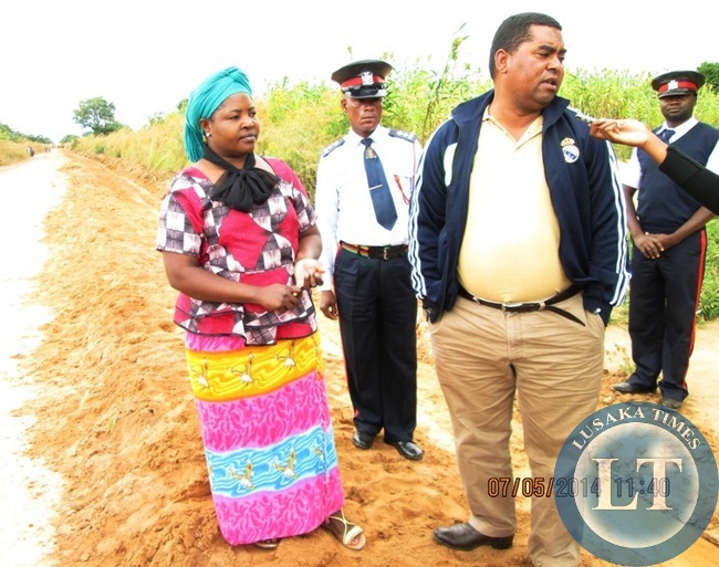 Central Province Minister Obvious Mwaliteta with Ngabwe District Commissioner Melody Phiri inspecting the road works on the Kabwe-Ngabwe road being graded by the Rural Roads Unit which has done over 90 kilometers of the 160 kilometers recently