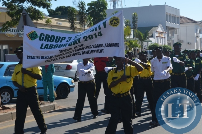 Group 3 Security workers marching during the 2014 labour day celebrations in Livingstone
