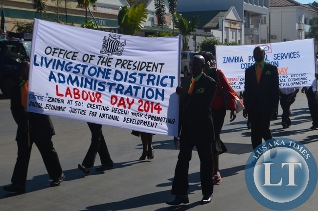 Some workers from the Livingstone District Administration marching during the 2014 labour day celebrations in the tourist capital