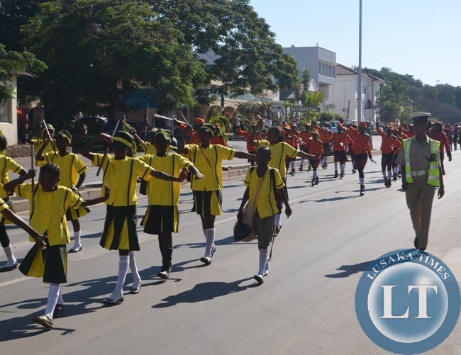 Majorettes marching during the 2014 labour day celebrations in Livingstone