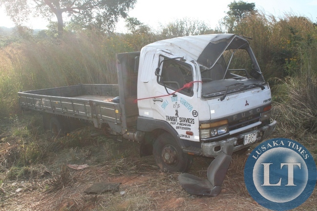 -TWO people died on the spot while seven other passengers are nursing serious injuries in Kabompo district hospital when the driver of the above Mitsubishi Fuso truck registration No. ABZ 3334, lost control due to a tyre burst. The accident happened on Tuesday night around 20 hours. The truck was taking dry fish from Lukulu to Solwezi. The driver of the truck is currently in police custody. -TWO people died on the spot while seven other passengers are nursing serious injuries in Kabompo district hospital when the driver of the above Mitsubishi Fuso truck registration No. ABZ 3334, lost control due to a tyre burst. The accident happened on Tuesday night around 20 hours. The truck was taking dry fish from Lukulu to Solwezi. The driver of the truck is currently in police custody.