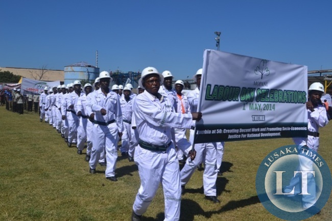 MOPANI Copper Mines employees marching during the Labour Day celebrations at Diggers Rugby Club in Kitwe