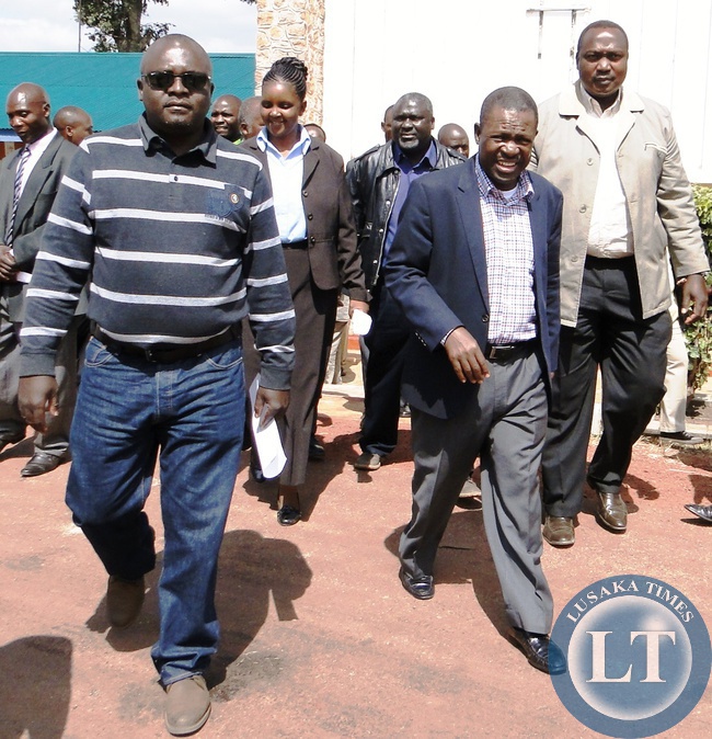 Patriotic Front Secretary General Winter Kabimba with MP Musonda Mpankata before addressing a mammoth rally at President’s Park in Luwingu district.Mr. Kabimba was in Luwingu to officiate at the district conference