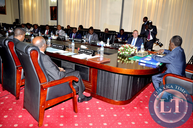President Michael Sata with Cabinet ministers during a meeting at State House on July 14,2014 -Picture by THOMAS NSAMA