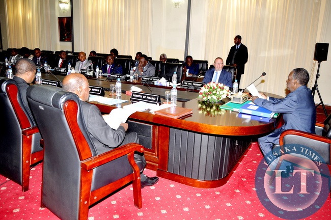 President Michael Sata with Cabinet ministers during a meeting at State House on July 14,2014 -Picture by THOMAS NSAMA