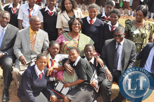 First Lady Dr Christine Kaseba, Sports deputy minister Christopher Mulenga Chiponde , muchinga province minister Gerry Chanda and Muchinga province permanent secretary Bwalya Ng'andu with pupils during the Teachers/ Community Leaders / Pupils Mentorship Training programme at Chinsali Girls Secondary School