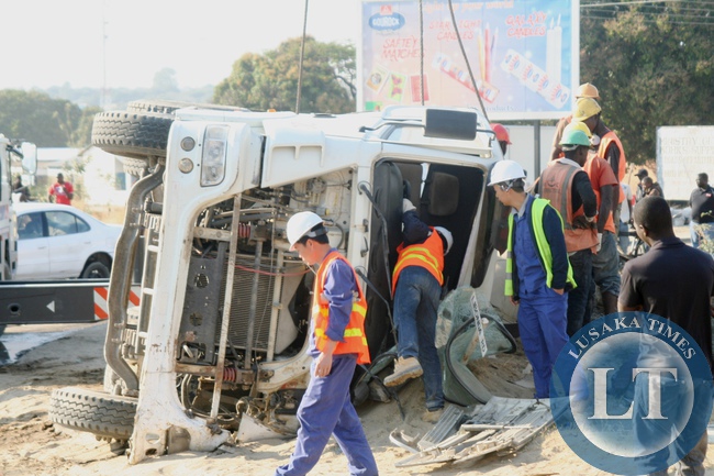 A concrete mixer truck for China Geo Company (CGC) overturned at Mongu roundabout when the driver (survived) failed to go around it.