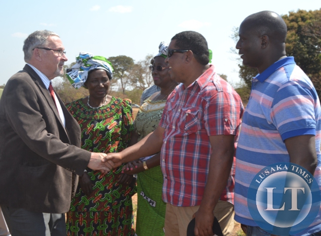 Mangango by-election Patriotic Front (PF) campaign manager, Obvious Mwaliteta greets Vice president Guy Scott on arrival at Kaoma Air Strip yesterday. Left to right is Mines Deputy minister Richard Musukwa, Community Development, Mother and Child Health Minister Emerine Kabanshi and Gender Minister Inonge Wina