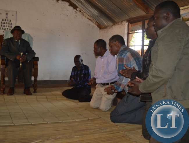 Justice Minister Wynter Kabimba and his counterpart Local Government Emmanuel Chenda as well as other government officials greet Chief Mwene Mutondo of the Nkoya in Kaoma District at his palace on Saturday when they paid a courtesy call at his palace