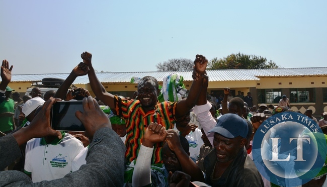 Newly elected Mkushi South member of parliament Davis Chisopa receives a dove as symbol of blessings after scooping the Mkushi North bye election