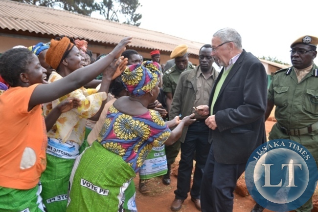 VICE-PRESIDENT Guy Scott interacts with Patriotic Front (PF) women in Kyafukuma area when he arrived to drum up support for PF candidate Newton Malwa in the area. VICE-PRESIDENT Guy Scott interacts with Patriotic Front (PF) women in Kyafukuma area when he arrived to drum up support for PF candidate Newton Malwa in the area.