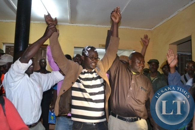 ELECTED Solwezi Central Member of Parliament Dawson Kafwaya being congratulated by his supporters after emerging winner in Thursday's elections