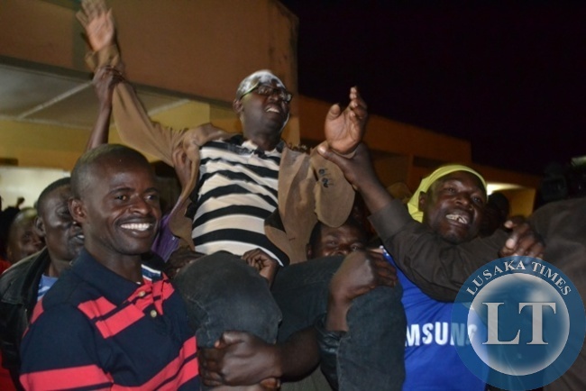 ELECTED Solwezi Central Member of Parliament Dawson Kafwaya being congratulated by his supporters after emerging winner in Thursday's elections