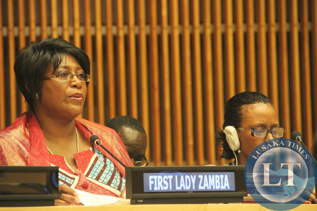 First Lady Dr Christine Kaseba speaks during the High level dialogue with African first Ladies on maternal and New born Health beyond 2014 with focus on adolescent girls at the UN Building in New York on September 22,2014 -Picture by THOMAS NSAMA