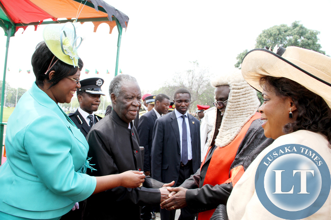 President Sata being welcomed by Speaker of the National Assembly Dr Patrick Matibini during the opening of parliament on September 19, 2014 -Picture by THOMAS NSAMA
