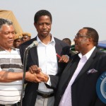 PF Secretary General Edgar Lungu with Kasama central member of Parliament Geoffrey Bwalya Mwamba and Kabwata member of parliament Given Lubinda during a rally to drum up support for  Solwezi PF parliamentary candidate Newton Malwa  on September 10 ,2014 -Picture by THOMAS NSAMA