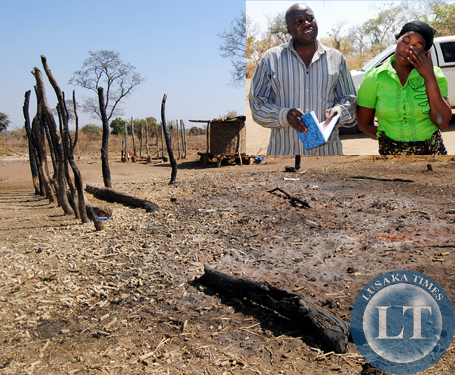 A farmer in Chief Chikanta’s area in Kalomo District , Kenmax Hamoonga with his wife, Angela (insert) have lost 5,000 by 50 kg bags of maize after fire swept through a storage shed recently at his farm in Kalomo